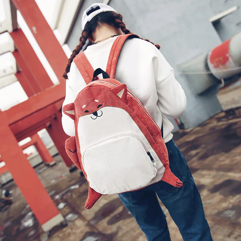 

Women Backpack Schoolbag Canvas Cute Dog Fox Ear Embroidery Corduroy Backpack Female Vintage Notebook Backpack For Girls School