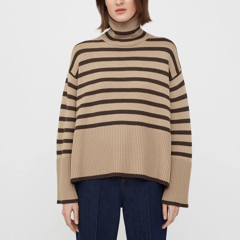 Enlarge TOTE Wool Turtleneck Striped Knitted Jumper for Women Fall/Winter 2022 New Commuter Loose Long Sleeve Sweater High Quality