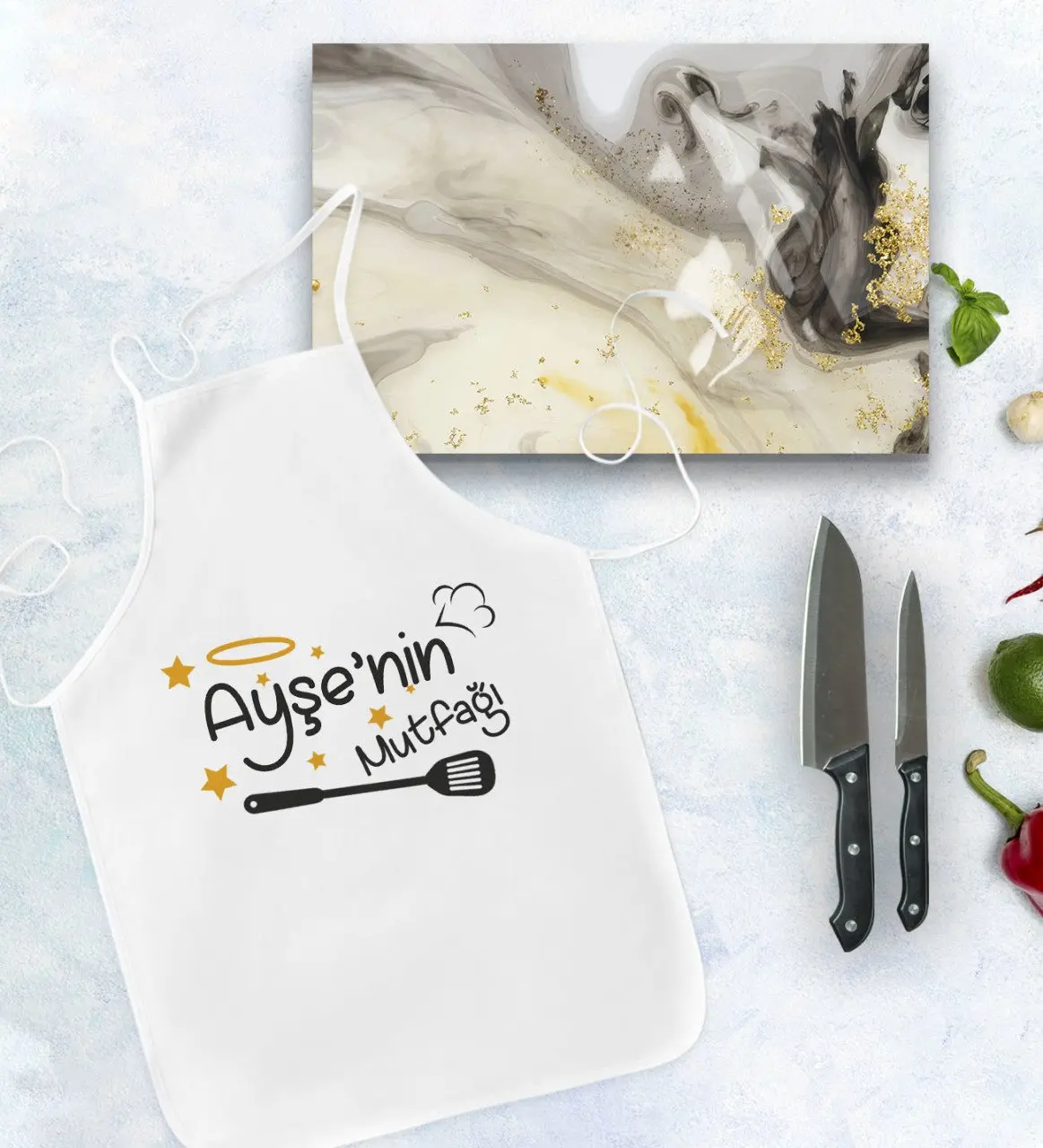 

Personalized kitchen apron and glass cutting tray gift set Model 50