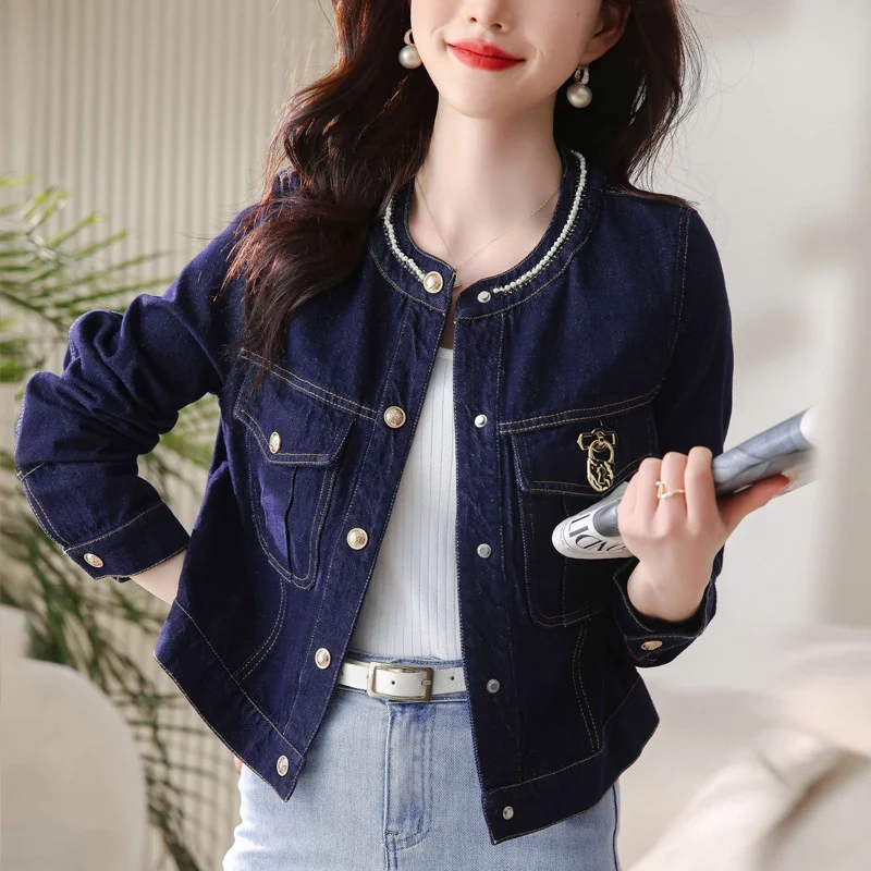 

Женская джинсовая куртка с круглым вырезом, короткая однобортная приталенная офисная куртка с жемчужинами, Весна #3154