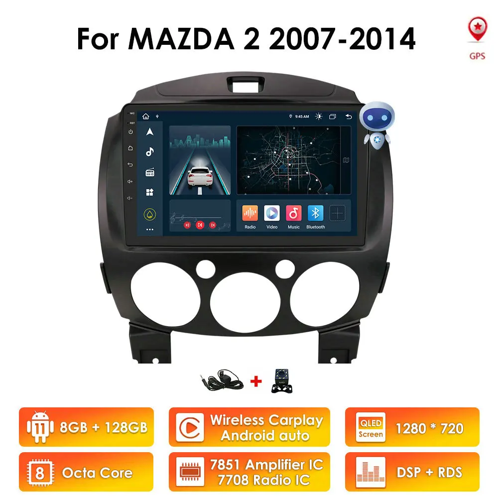 

8GB+128GB 2 Din Android 11 Wireless Carplay Car Radio Multimedia Player for MAZDA 2 Mazda2 2007-2014 GPS Stereo Autoradio Video