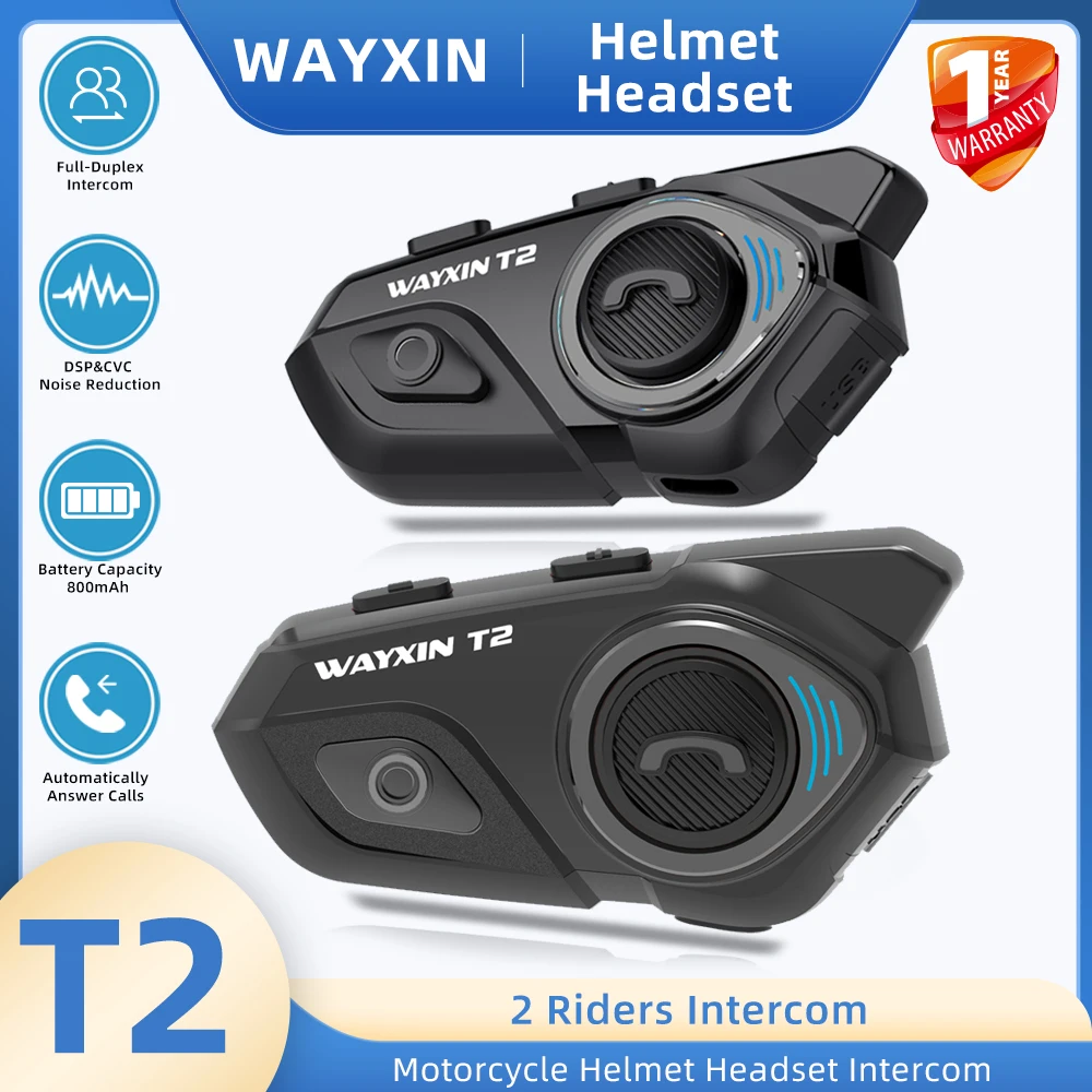 

WAYXIN T2 Motorcycle Helmet Headset For 2 Riders Bluetooth Intercom Headphone Motorbike Communicator Interphone Waterproof BT5.0