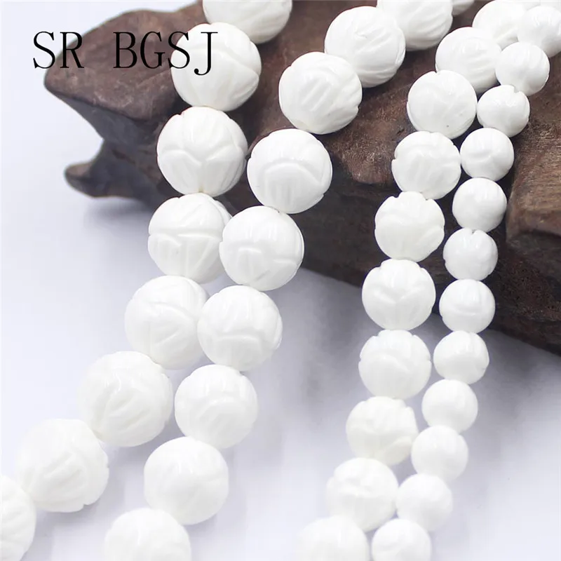 

6 8 10 12mm Lotus Carved White Flower Shell Gems Genuine Natural Round Design Beads Strand 15"