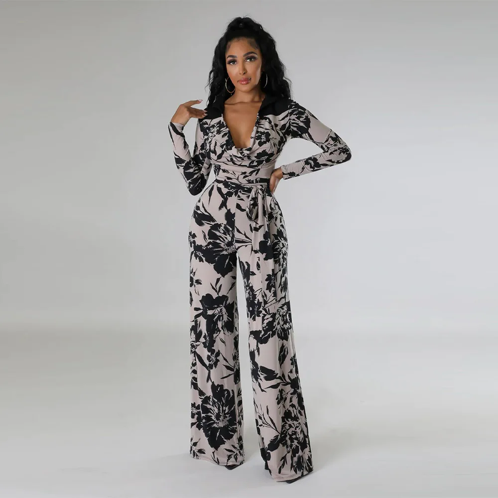 

Autumn Long Sleeve Bandage Loose Fashion Streetwear Wide Leg Rompers 2023 Fashion Sexy Women Pile Collar Print Flower Jumpsuits