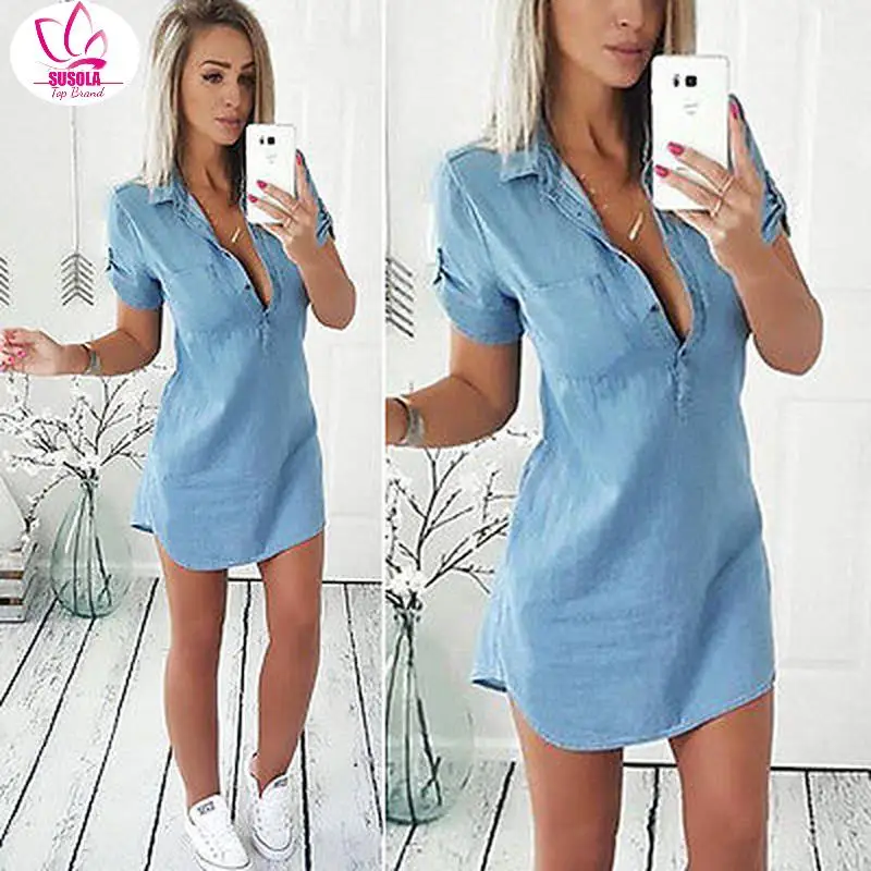

Summer Women Denim Dresses Short Sleeves Slim V-neck Sexy Casual Office Jeans Dress Vestidos Robe Party 2022 Dresses