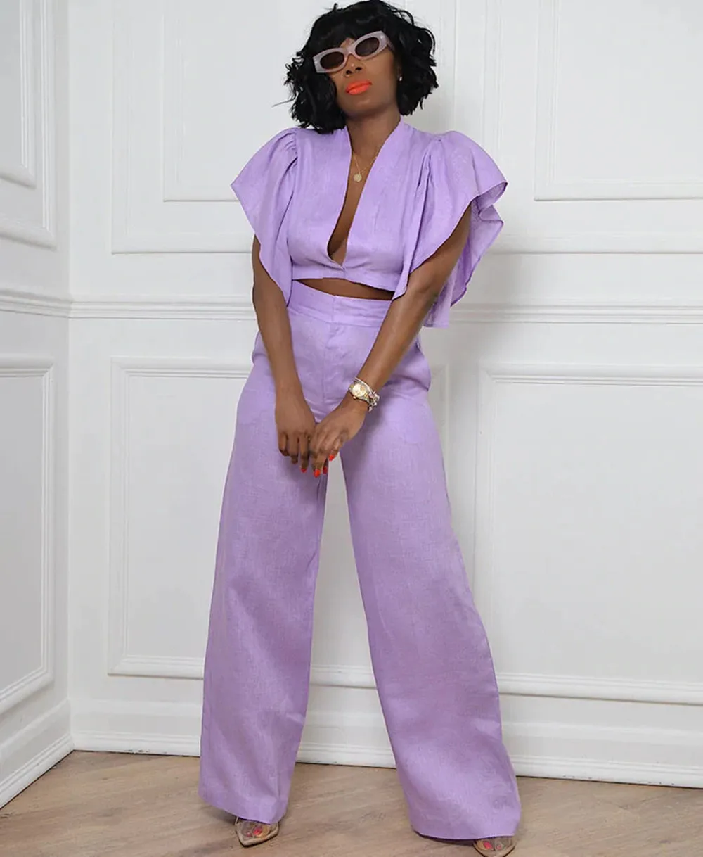 

Echoine Ruffle Sleeve Short Sleeve V-neck Crop Top Shirt Blouse and Wide Leg Pants Women Elegant Matching Set Summer Outfits