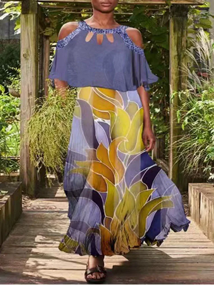 

Women Floral Print Beach Long Dress Summer O Neck Casual Loose Long Dress Sexy Off Shoulder Cutout Party Dress Streetwear Mujer