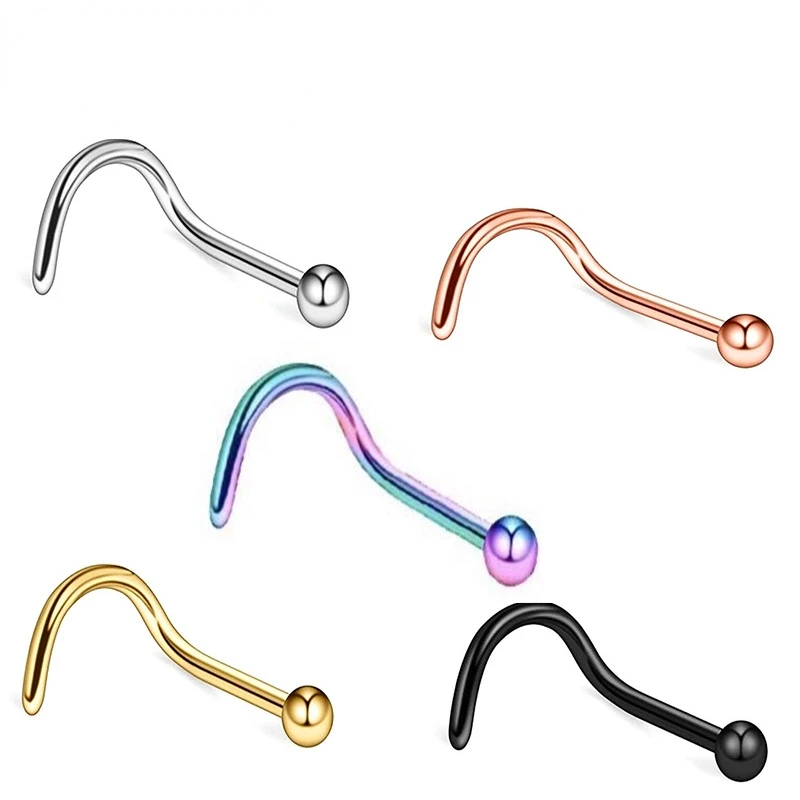

1PC G23 Titanium S Shape Nose Stud Classic Small Ball Spiral Twist Nose Piercing Fashion Body Jewelry Five Color