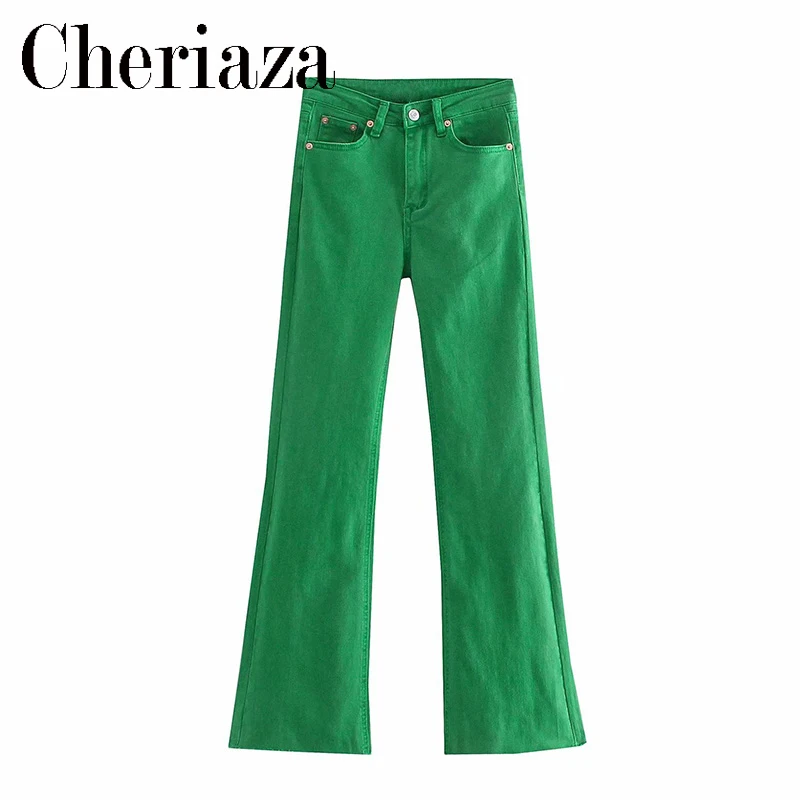 

2022Spring Autumn New Female Middle Waist Flared Jeans Casual Fashion Pocket Decoration Solid Color Trousers