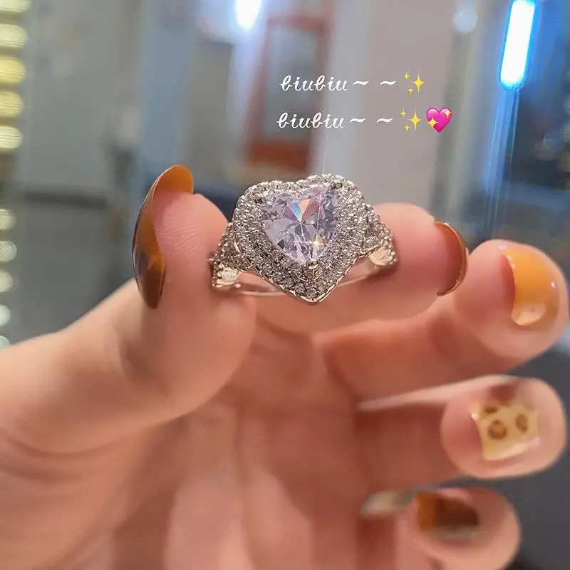 

HOYON 925 sliver color ring for women New Micro Inlay Heart Shaped style Diamond color Open Ring wedding Engagement Hand Jewelry