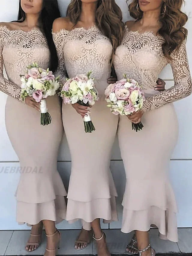 

New Bridesmaid Dress Off Shoulder Long Sleeve Sexy Ankle Length Lace Stretch Chiffon Vestido Longo Festa De Casamento Madrinha