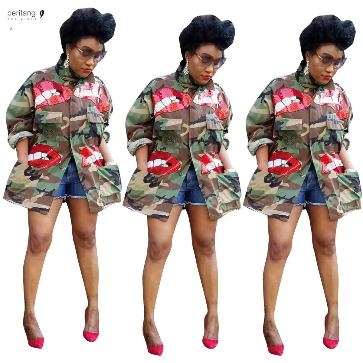 

Осенне-зимняя камуфляжная куртка с блестками и губами, Женское пальто с высоким воротником и пуговицами, карманами, военная облегающая улич...