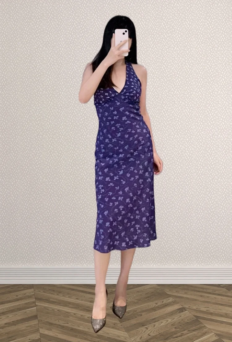 Женское платье с глубоким V-образным вырезом 100% шелковое лямкой на шее летняя