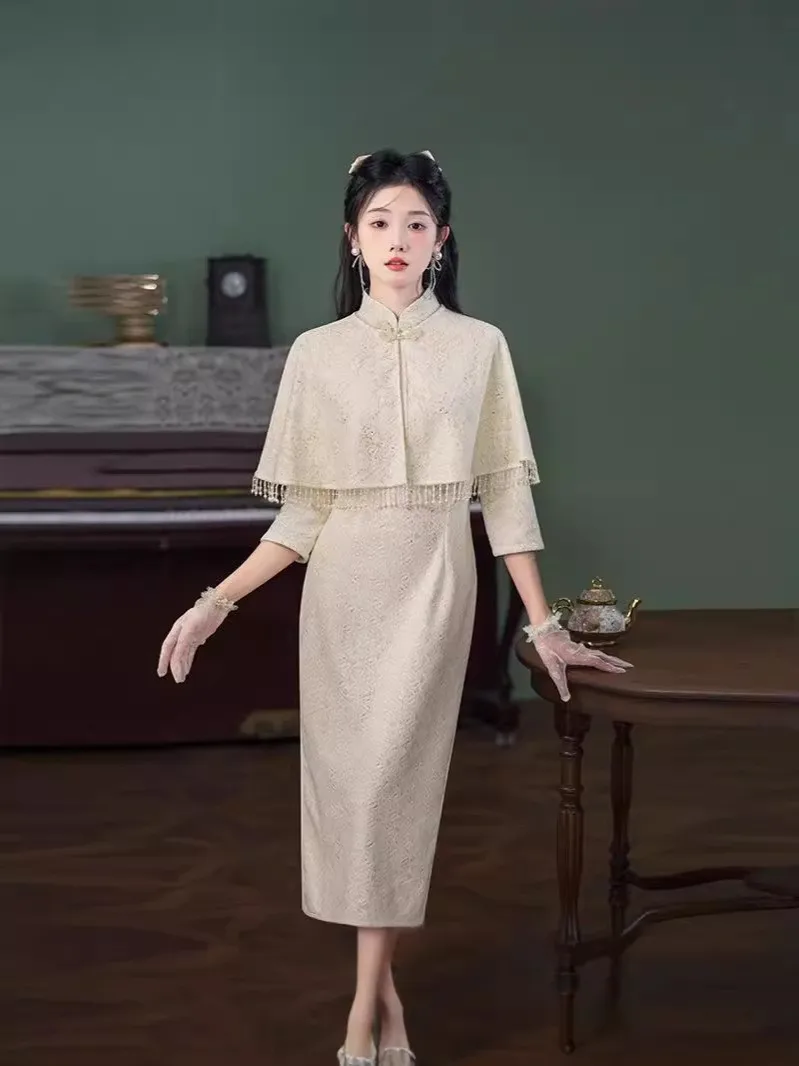 Женское облегающее платье-Ципао с белым кружевом новое китайское традиционное