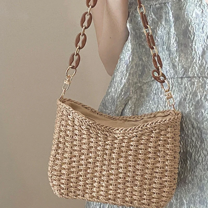 

Straw Chain Shoulder Bag for Women Handbag Causal Woven Messenger Basket Bags Female Purse Bolsos Para Mujeres Tendencia 2023