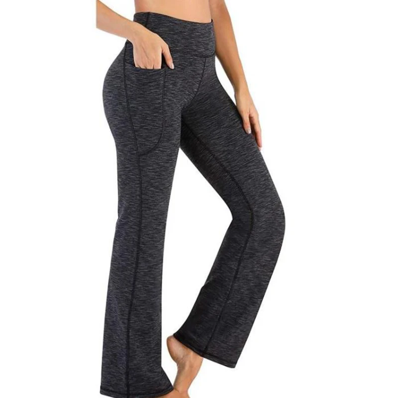 Fashion Workout Wide Leg Pants Women High Waist Yoga Fitness Slim Pockets Leggings Flare Trousers Ladies Solid Y2k Clothes Gray
