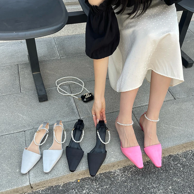 New Summer Women Pearl Ankle Strap High Heel  Shoes  Female Footwear Single shoes Women Pointed Toe Wedding Party Shoes 6A