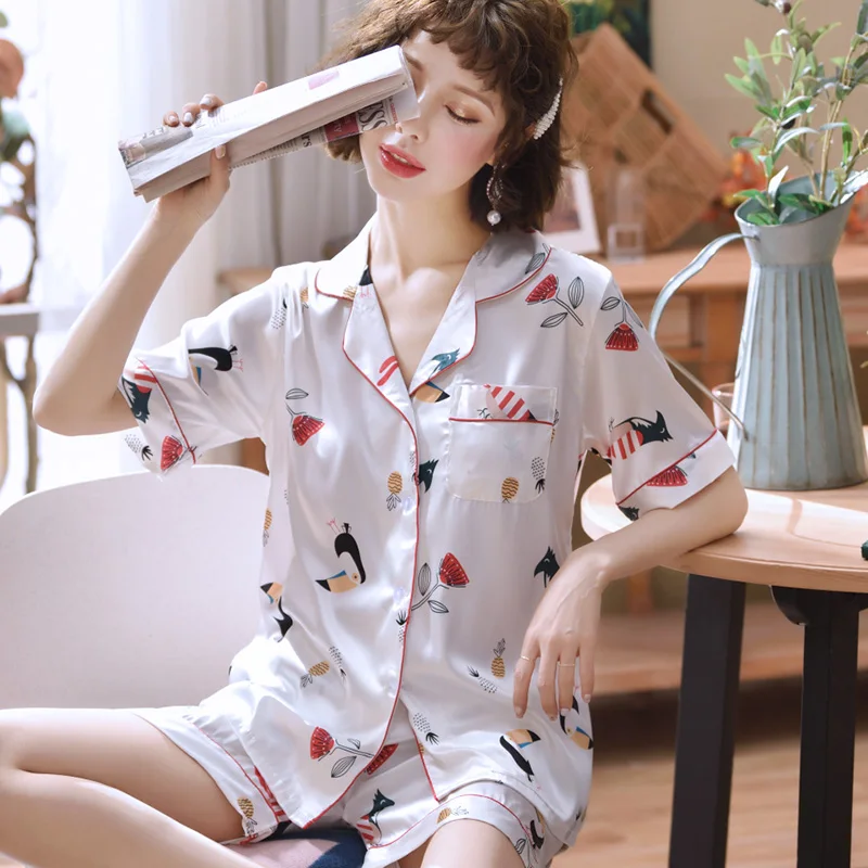 2022 women's summer thin short sleeve shorts silk set ice silk summer home clothes Princess two piece set large size pajamas