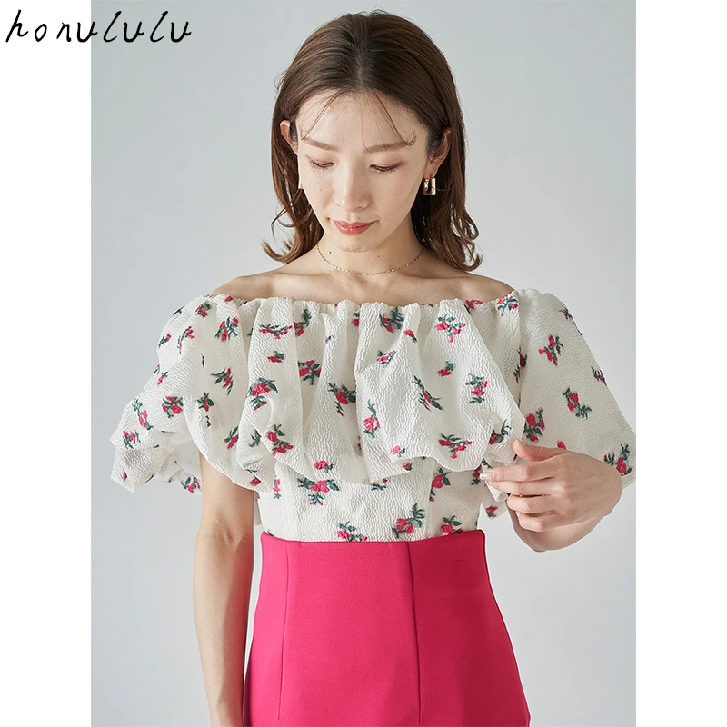 

2022 summer new Japanese sweet one-word neck jacquard ruffled off-the-shoulder chiffon shirt top women
