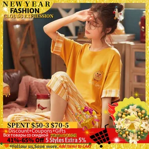 Летняя трикотажная Хлопковая женская пижама, одежда для сна, Пижама для женщин, штаны до середины икры комплект пижамы с героями мультфильмов, домашняя одежда, размера плюс