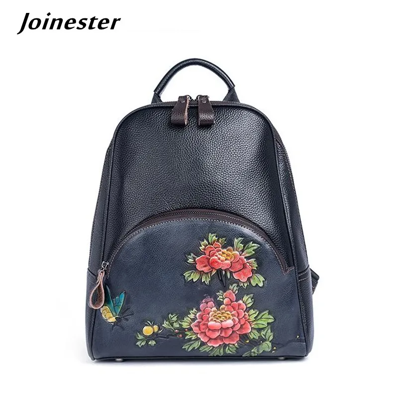 Women Vintage Genuine Leather Backpack Floral Embossed Laptop Bag Ladies Ethnic Large Travel Rucksack Anti-theft Daypack