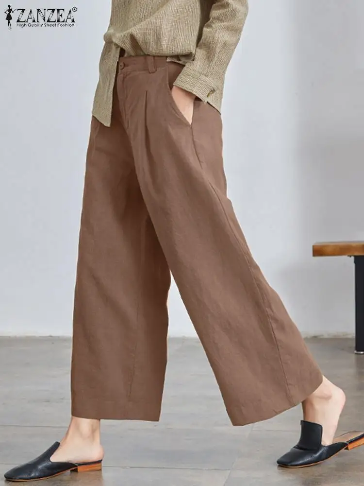 

Женские Мешковатые однотонные брюки, повседневные широкие брюки, домашняя уличная одежда, винтажные хлопковые брюки ZANZEA, женские свободные брюки с высокой талией