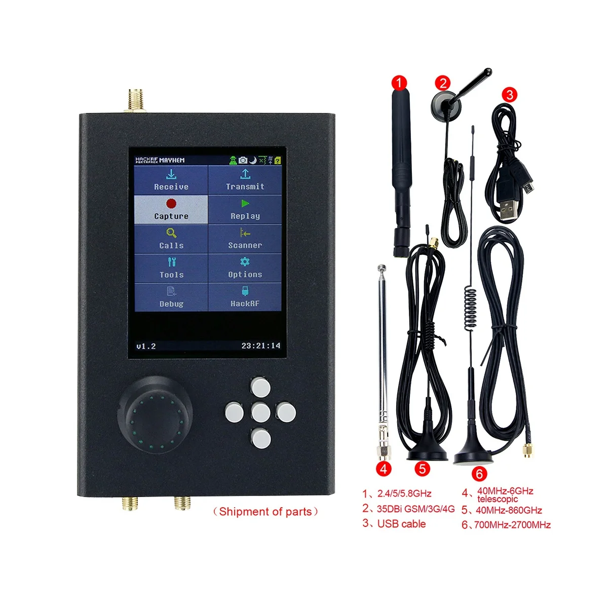 

SDR Radio Transceiver for HackRF One Portapack H2+3.2Inch TFT 240X320 Screen+5XAntenna+USB Cable 1MHz-6GHz Radio Black