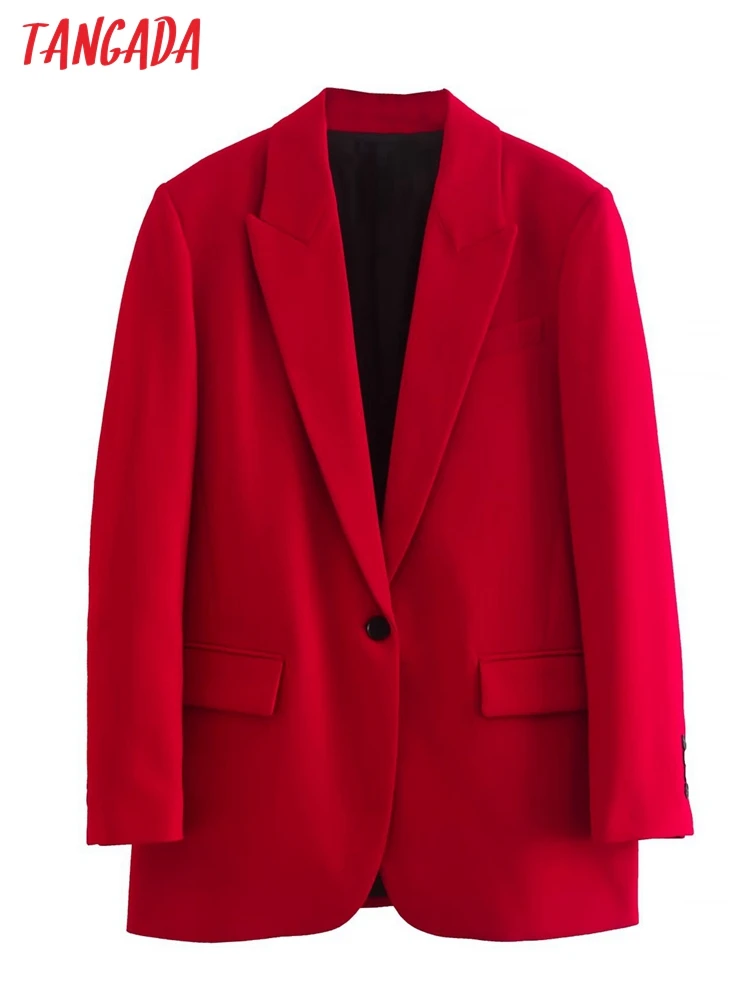 

Tangada Women Red Blazer Coat Vintage Notched Collar Pocket 2021 Fashion Female Casual Chic Top QD04