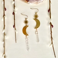 new fashion space earrings sun moon crystal earrings crescent jewelry gold plated brass natural quartz witch earrings