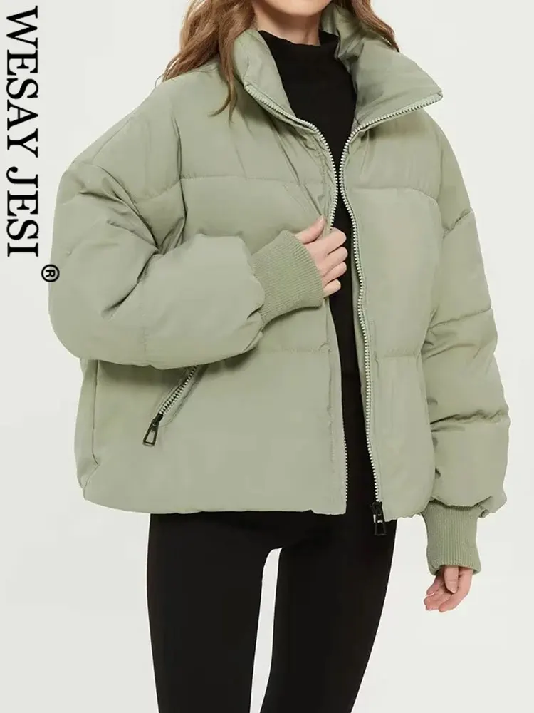 WESAY JESI Women's Winter Coats Warm Cotton Clothes Fashion Solid Color Simple Long Sleeve Zipper Pocket Female Loose Chic Tops