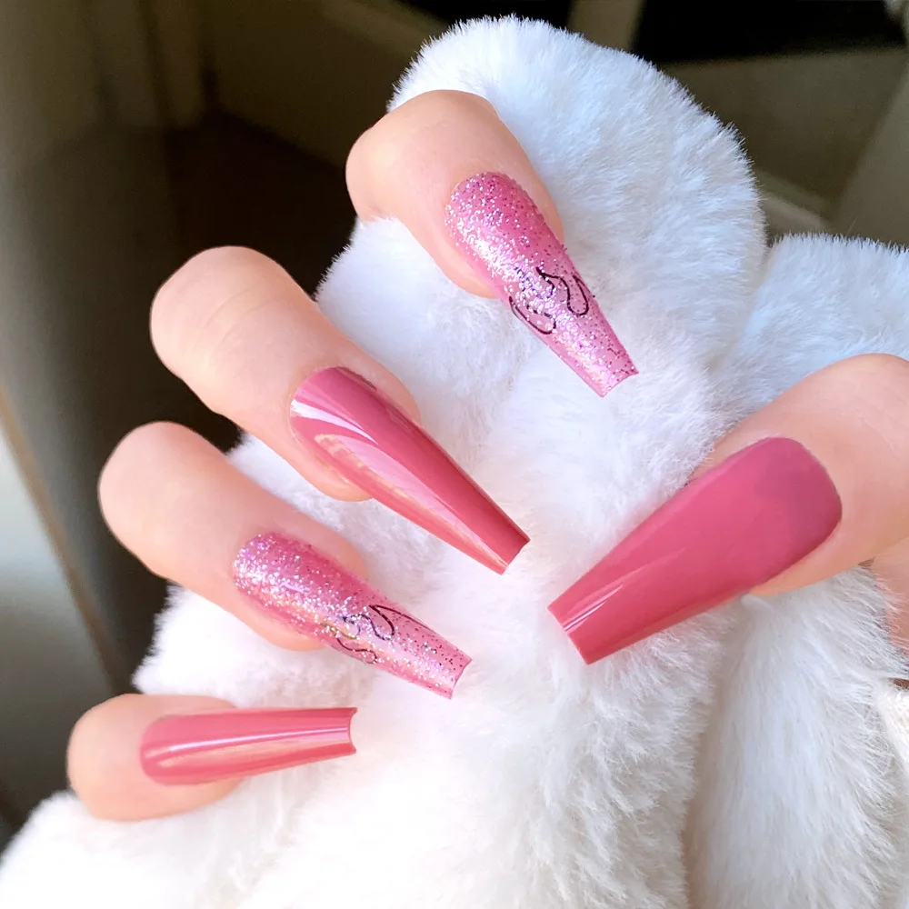 

24pcs False Nails Kit Long Coffin Ballerina Hot Pink Flame Glitter Press On Nails Full Cover Artificial Fingernails