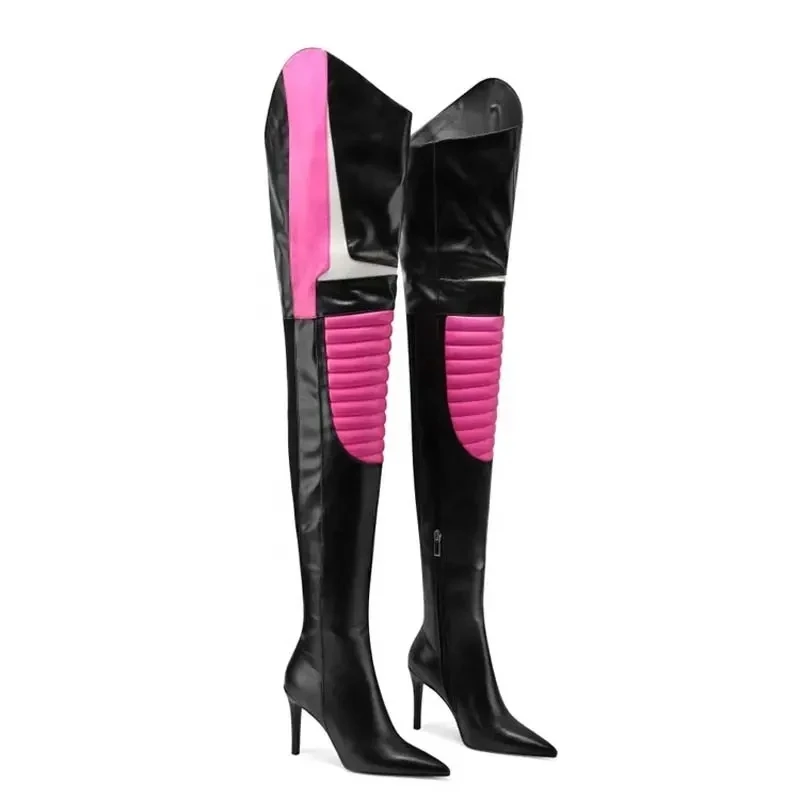 2025 женские сапоги пикантные лоскутные выше колена на высоком каблуке большие