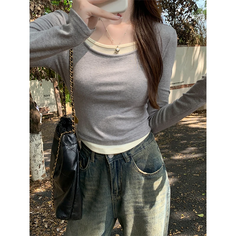 Женская футболка с длинным рукавом и круглым вырезом на осень/зиму