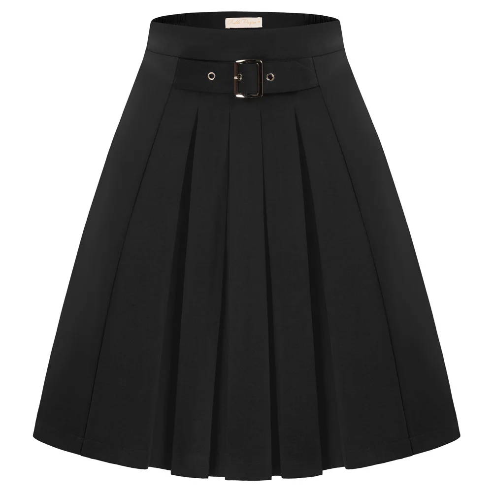 

BP Vintage Pleated Skirt High Waist Belt Buckle Decorated A-Line Skirts Flared Silhouette Harajuku Skirt Юбка Женская A50