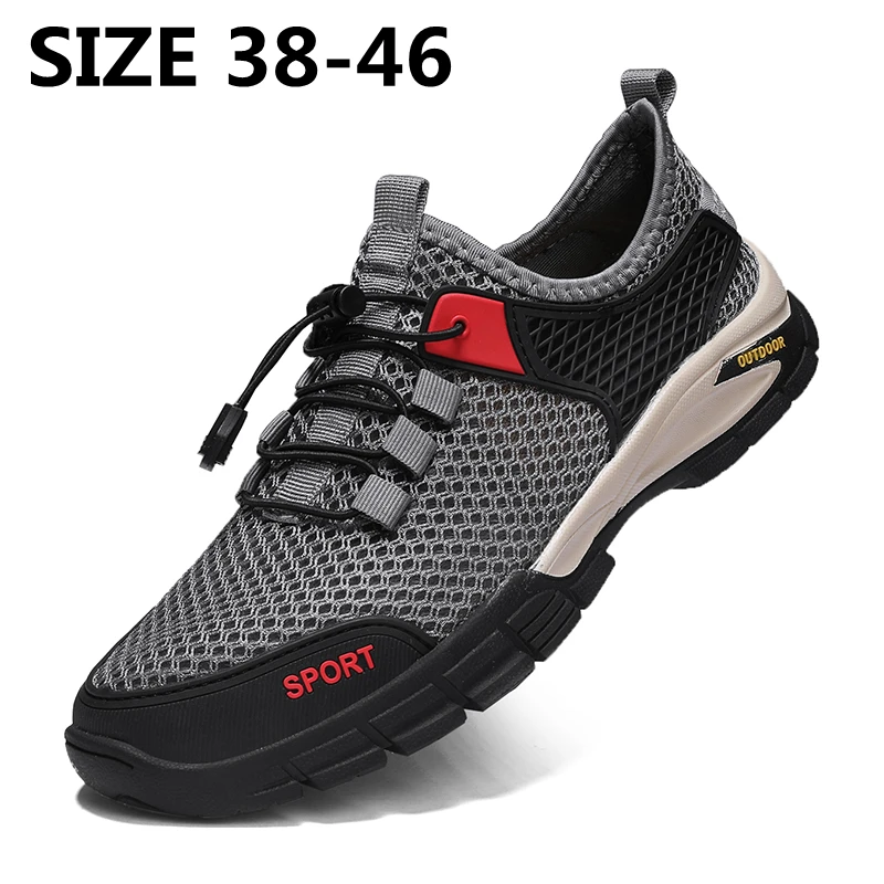 

Breathable Mesh Outdoor Casual Sneakers New Men Black Rubber Flat Footwear Men Fashion Light Walking Shoes Size 38-46