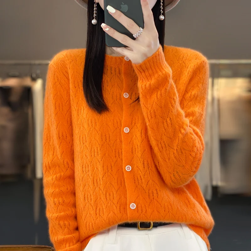 

Round Neck Pure Wool Long Sleeve Hollow Out Cardigan Women's Spring/Summer New Loose Solid Color Versatile T-Shirt Top Sweater