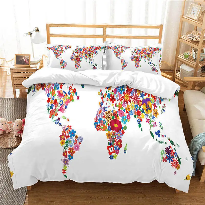 

World Map Duvet Cover Set King Queen Twin Full Size Colourful Flower World Abstract Art 3D Print for Kids Boys Girls Bedding Set