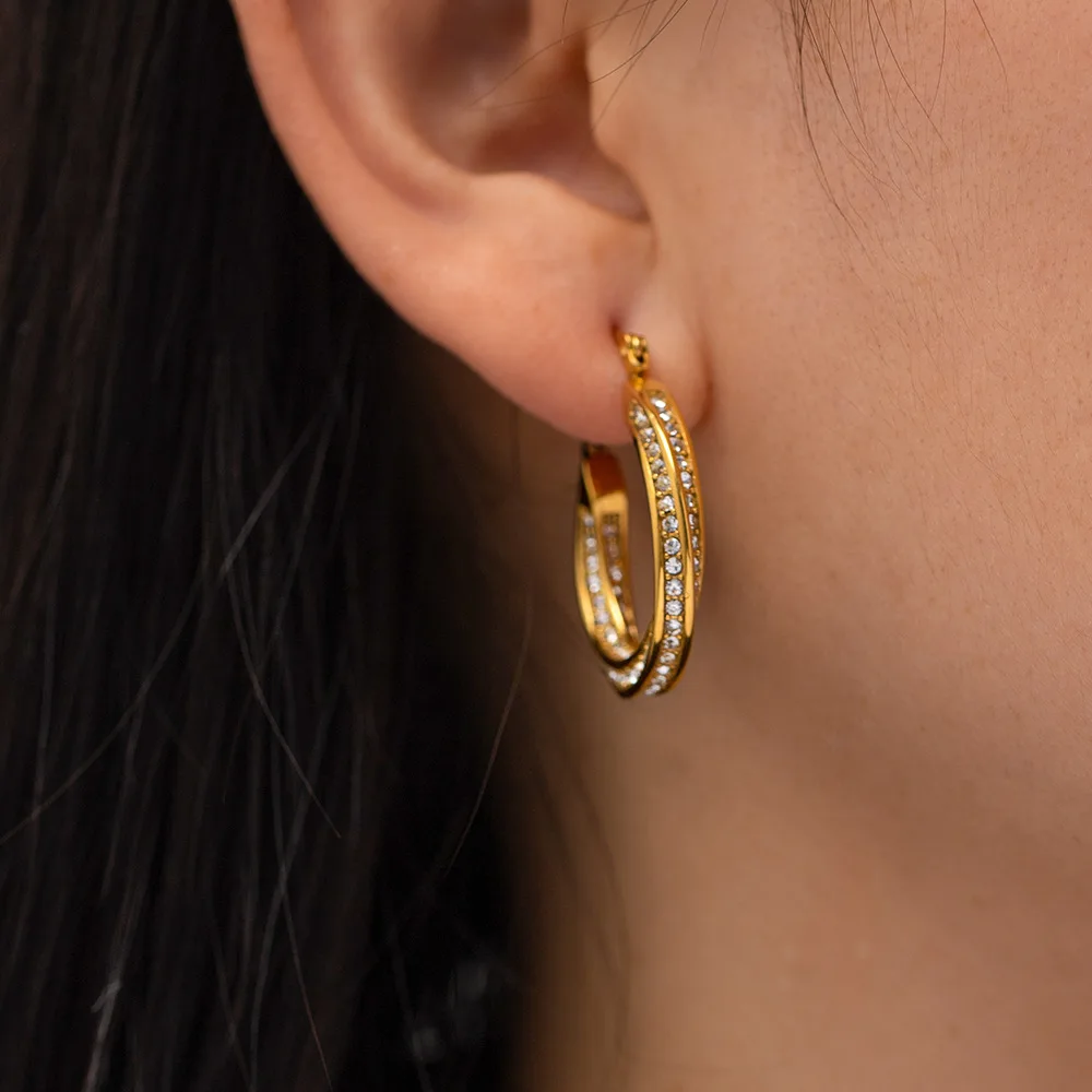 Stainless Steel PVD 18K Gold Plated Tarnish Waterproof Zircon Rhinestoned Twist Hoop Earring  For Woman Jewelry Wholesale Trendy