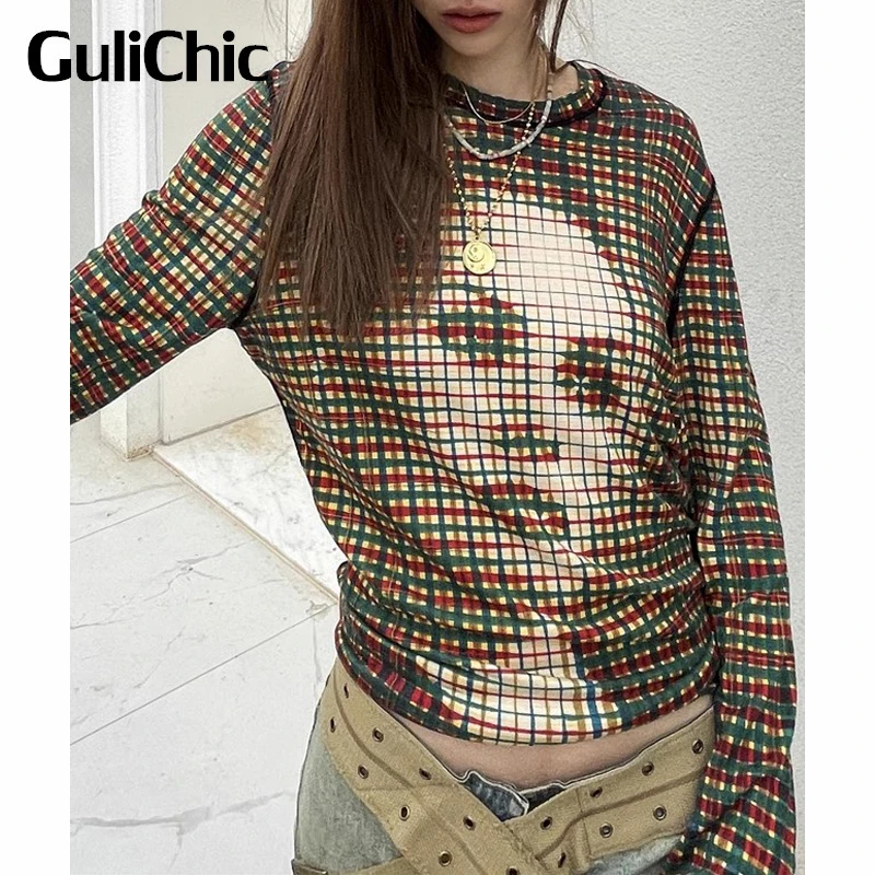 

6,8 г., GuliChic, женская модная удобная футболка с круглым вырезом и длинным рукавом, с принтом в клетку