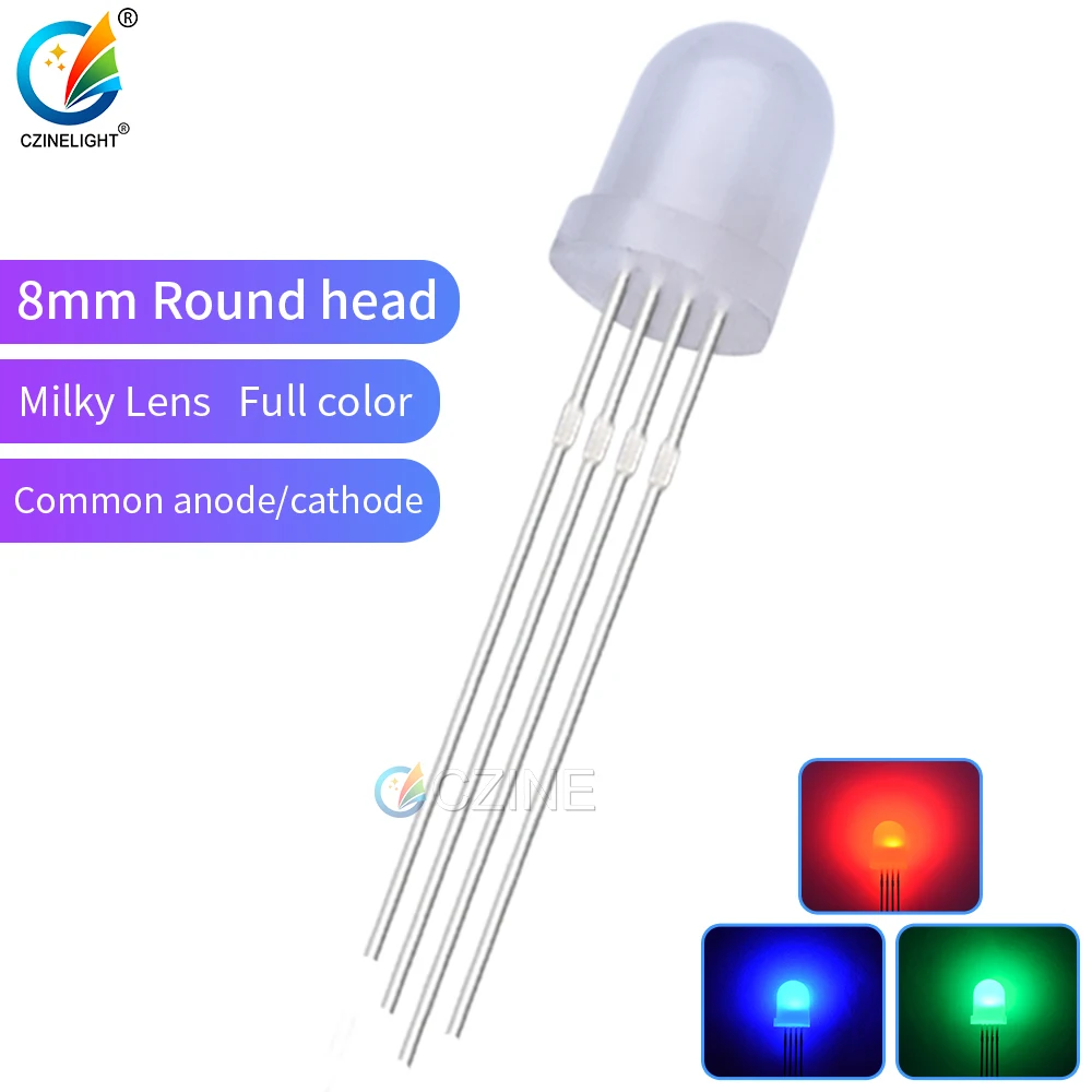 500pcs/bag 8mm Diffused Round Hat RGB LED  8mm F8 Milky Lens Pixels Arduino Led Chips RGB Full Color 4 Legs