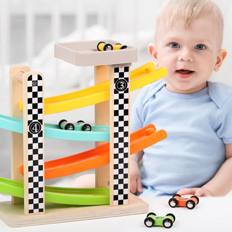 

Creative Four-track Wooden Glider Toy Children‘s Early Education Educational Fun Rail Car Wooden Racing Inertia Car