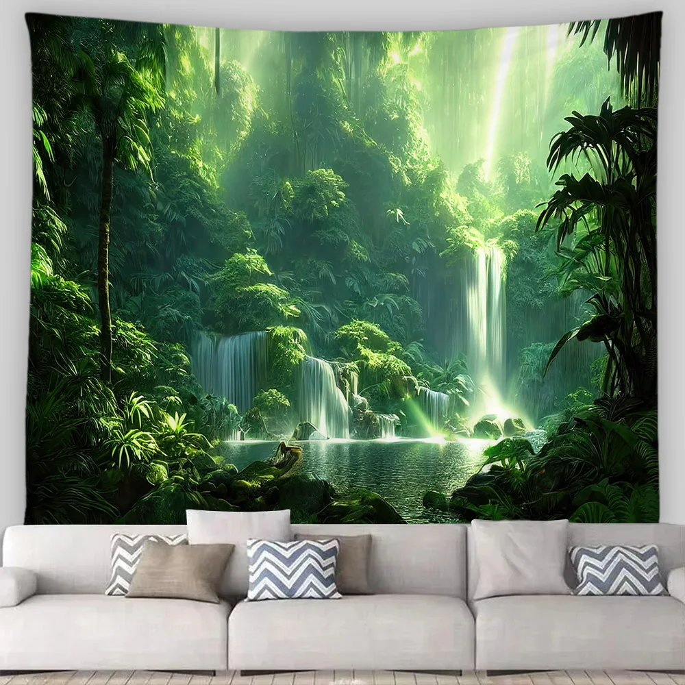 Tropical Jungle Landscape Tapestry Green Plants Forest Waterfall Nature Scenery Tapestries Home Living Room Decor Wall Hanging
