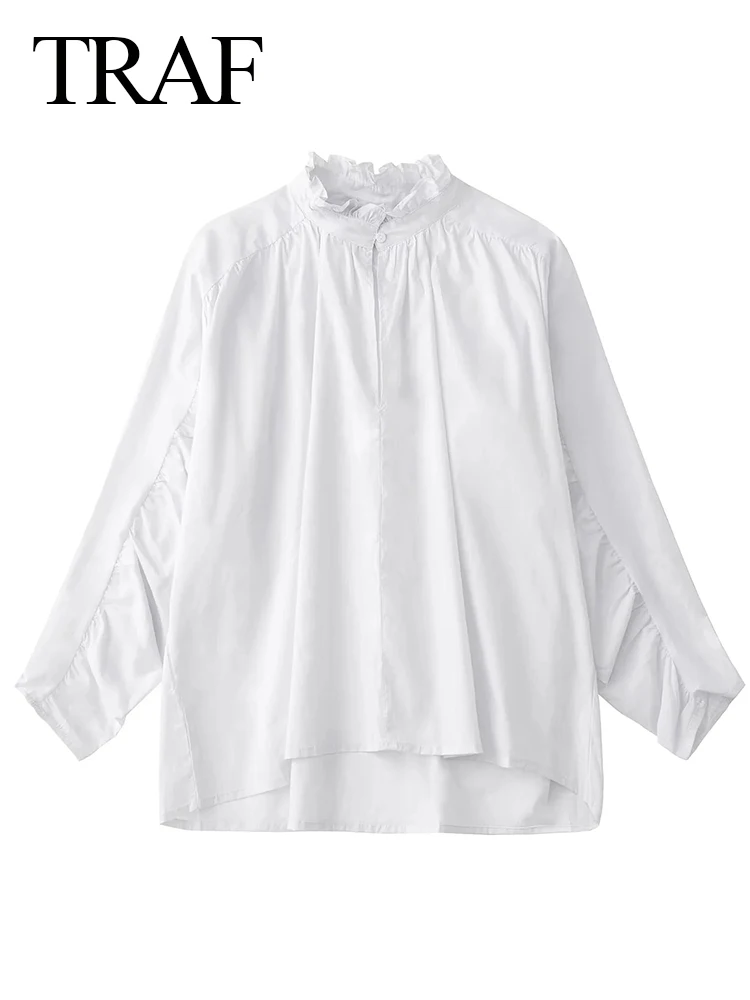 

TRAF Fashion Solid White Shirt Pullover Wood Ear Edge Hollow Button Pleated Raglan Long Sleeve Loose Casual Top Shirt Women