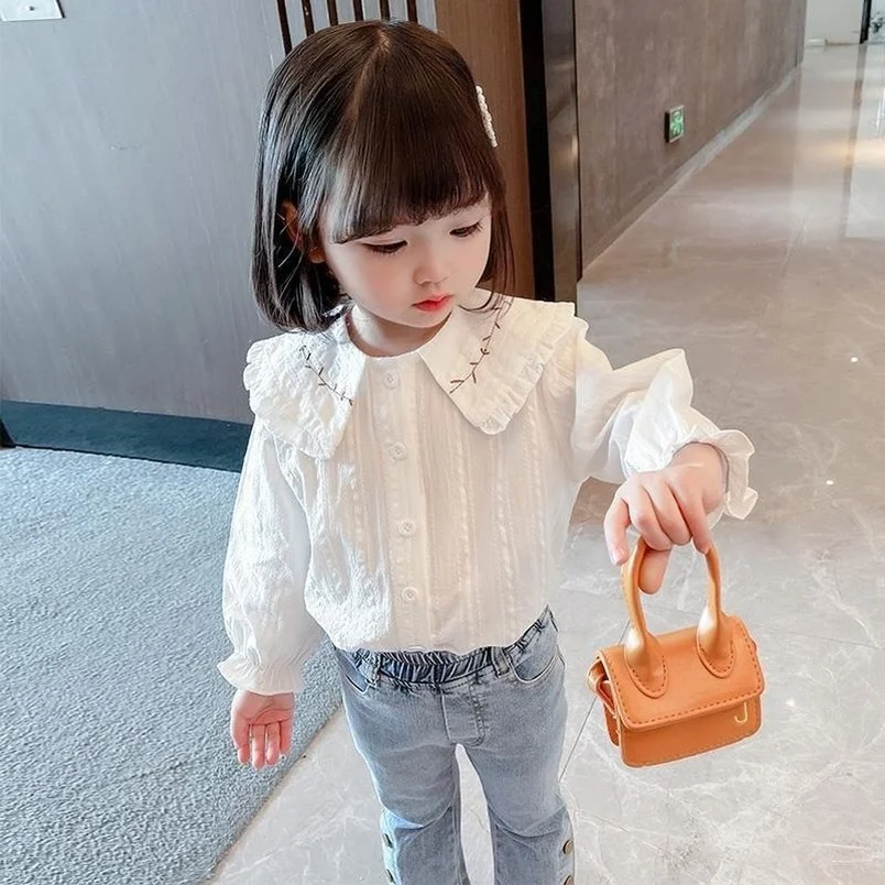 

Teenage Toddler Girl Cotton Blouse White Ruffled Shirts Turn-Down Collar Long Sleeves Baby Kids Shirts For Girls Tops 3-12 Years