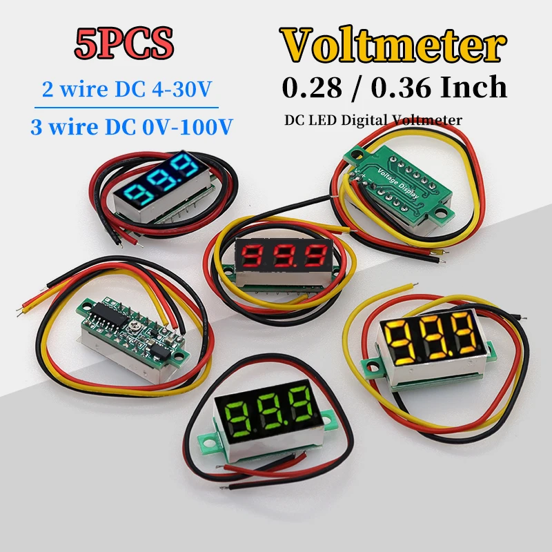 5 шт. 0 28/0 36 дюймов DC светодиодный цифровой вольтметр 0-100 В измеритель напряжения