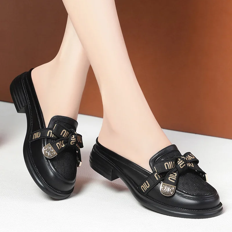 Loafers Baotou Half-Slippers Women'S Single Shoes 2023 New Summer Women'S Shoes Bowknot Hollow Mesh Outer Wear Sandals Fashion