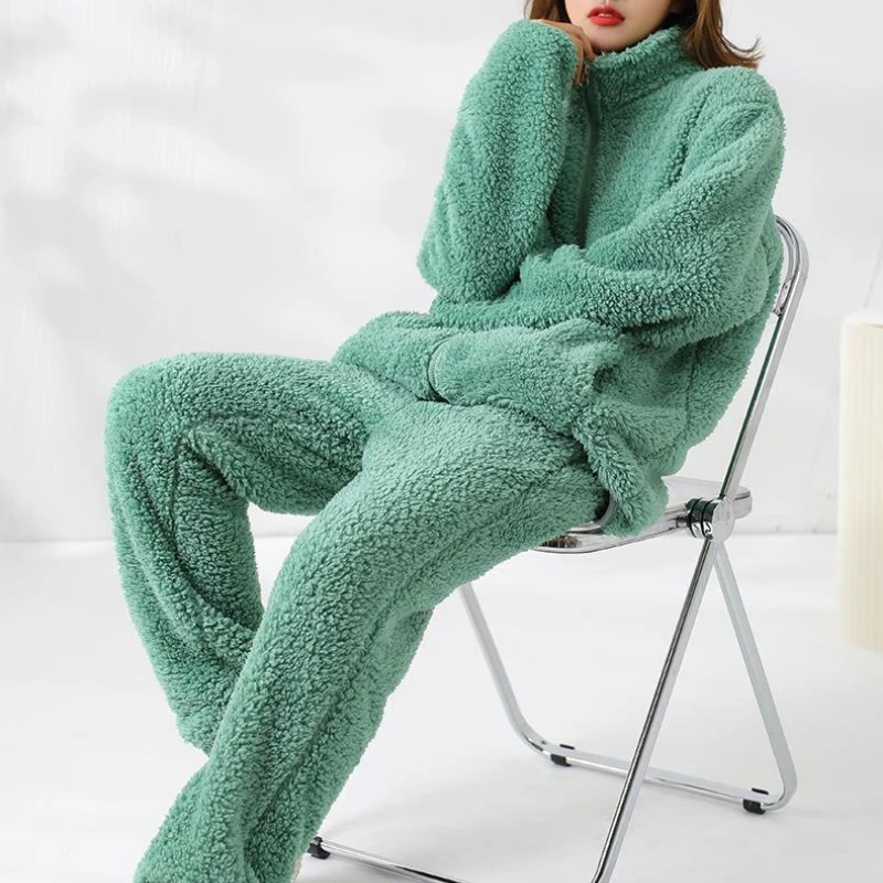 New Winter Women's Cashmere Pajama Suit Warm Long Sleeved Shirt Trousers Korean Fashion Solid Color Basic Household Clothes