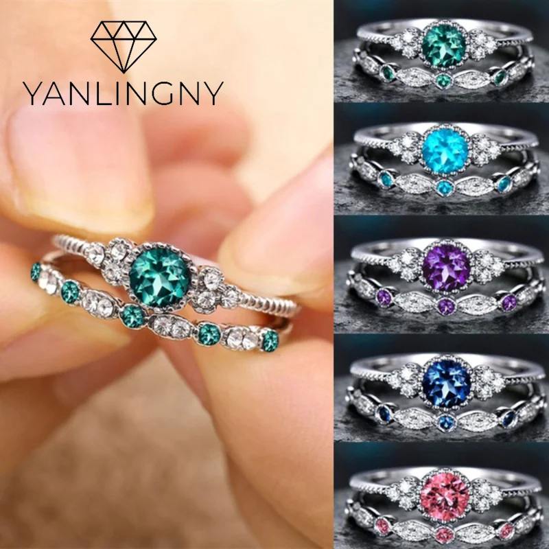 2Pcs/Set Classic Silver Plated Ring Green Blue Round Cut Created Birthstone Delicate Slim Ring for Women Bride Wedding Jewlery