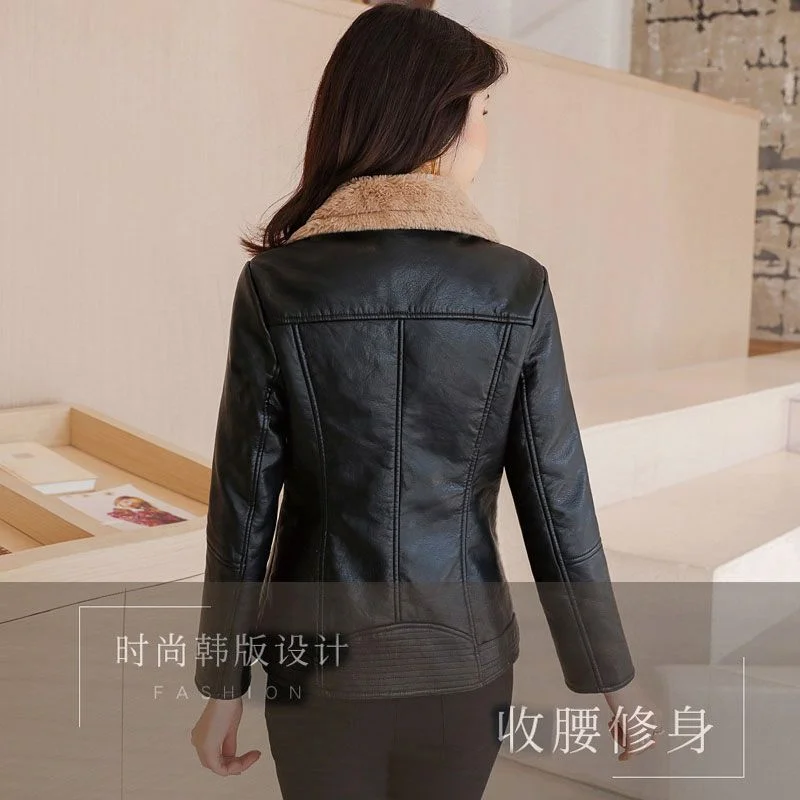 2023 New Winter PU Leather Jacket Women Short Blazers Coat Fleece Double-faced Fur Leather Outerwear Lady Slim Suit Tops Jackets