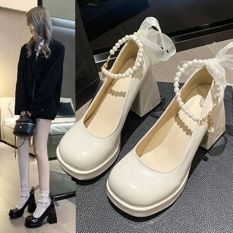 

Туфли Мэри Джейн женские весенние 2023 новые модные универсальные туфли на высоком каблуке с жемчугом и круглым носком милые винтажные туфли